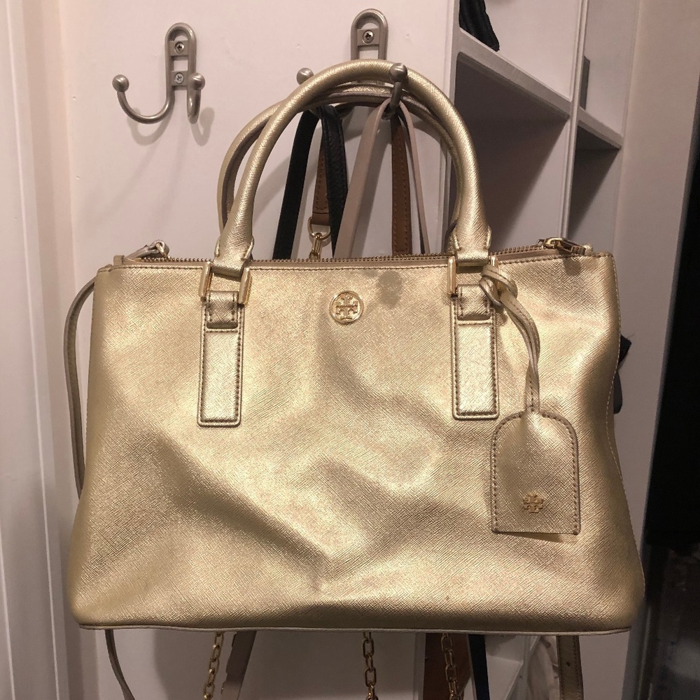 Gold Leather Tory Burch Satchel w/ crossbody strap